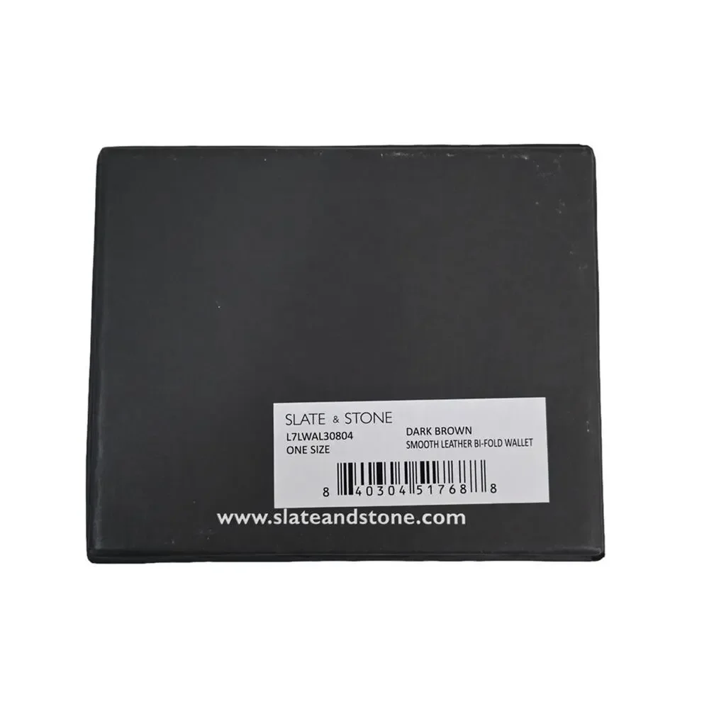 Slate & Stone Smooth Premium Leather Bifold Wallet Dark Brown NEW